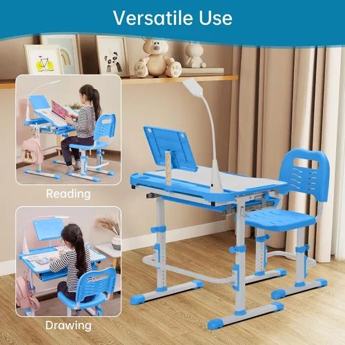 Vista 4 de SMAGREHO Juego de escritorio y silla para niños, mesas de escritura de estudio escolar para niños con altura ajustable con escritorio inclinable