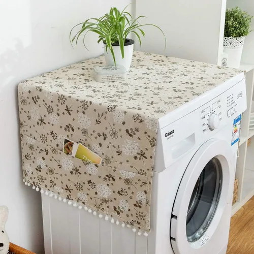 Vista 16 de vctops Funda de algodón y lino con estampado bohemio para nevera, a prueba de polvo, pompones, cubierta superior de lavadora multiusos con 6