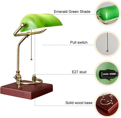 Vista 5 de Lámpara de mesa Esmeralda Verde Vidrio Luz de lectura Base de madera 1920 Clásico Banker lámpara Verde Pull Switch LED Lámpara de escritorio