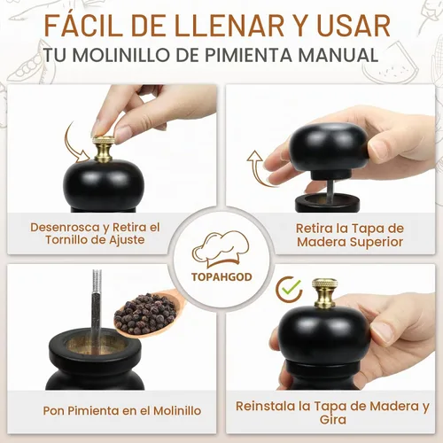 Vista 5 de Juego de 2 molinillos de sal y pimienta, molinillo de pimienta manual y molinillo de sal con rotor de cerámica ajustable y junta de acero Negro