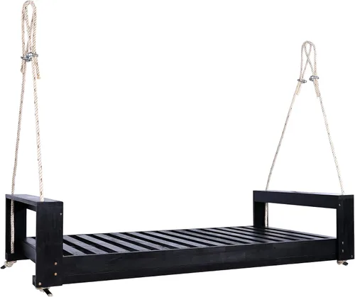 Vista 3 de Twin Size Porch Swing Bed Seating Group, Patio Acacia Wood Swing Frame with Hemp Ropes for Garden, Backyard, Yard, Lawn, Tree (Black-QN01)