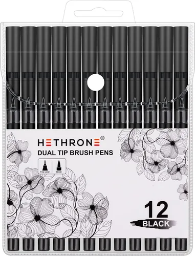 Vista 6 de Hethrone Marcadores negros para dibujar - Bolígrafos de pincel con puntas de fieltro para artistas - Bolígrafos de caligrafía, paquete de 12