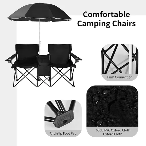 Vista 4 de Goplus Sillas de camping dobles con paraguas, enfriador para patio de playa Negro