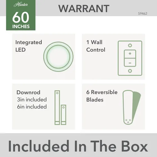 Vista 8 de Hunter Warrant - Ventilador de techo interior con luz LED, 60 pulgadas, níquel cepillado Acabado cepillo níquel (Brushed Nickel Finish)