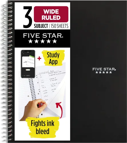 Vista 10 de Five Star, cuaderno en espiral, 3 materias, con papel rayado ancho, 150 hojas, 10-1/2 x 8 pulgadas, Amarillo