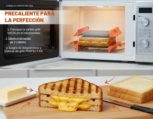 Vista 2 de MACONEE Sandwichera para microondas y prensa panini, sartén antiadherente para microondas y placa para verduras para queso crujiente a la parrilla