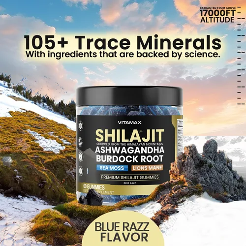 Vista 3 de Gomitas Shilajit orgánicas, musgo marino, Ashwagandha, más de 105 minerales traza - Raíz de bardana orgánica y Hongo Melena de León - Blue Razz