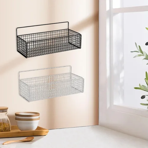 Vista 4 de Cestas colgantes de alambre de cocina, organizador de frutas negro para montaje en pared, sin perforaciones, soporte de metal pequeño para gabinete