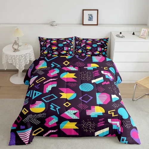 Vista 32 de Juego de edredón de estilo retro de los años 80, juego de ropa de cama de patrón geométrico abstracto, diseño urbano moderno con círculos