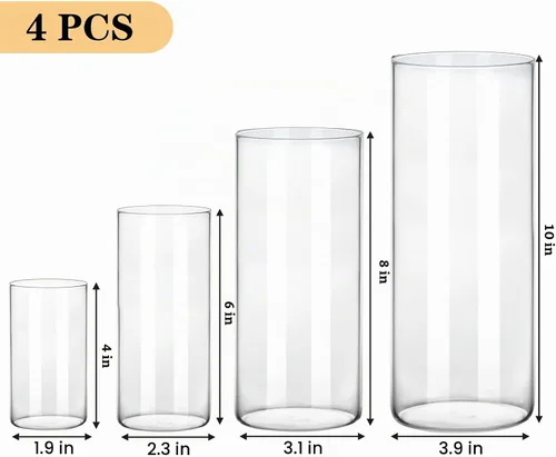 Vista 2 de Fixwal 4 piezas de jarrones cilíndricos de vidrio transparente, jarrones cilíndricos de 4, 6, 8, 10 pulgadas de alto para centros de mesa, jarrones