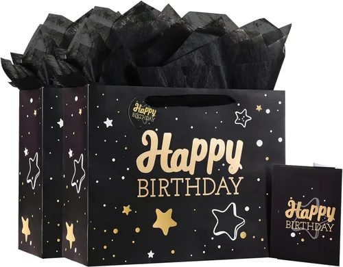 Vista 50 de Powbrace Bolsa de regalo de cumpleaños número 30 negra de 13 pulgadas con papel de seda y tarjeta de felicitación para fiestas, bolsa de regalo