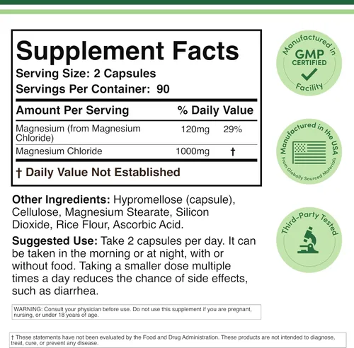 Vista 2 de Cloruro de Magnesio (Magnesium Chloride) - 180 cápsulas, 1,000 mg por porción, apoya la salud digestiva y ósea - Sin OMG y sin gluten de Double Wood