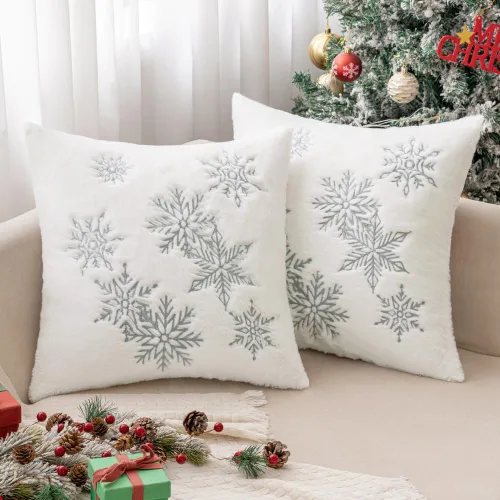 Vista 7 de MIULEE - Juego de 2 fundas de almohada decorativas de Navidad, de pelo sintético suave con bordado de copos de nieve, almohadas lindas de invierno