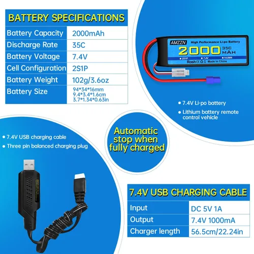 Vista 3 de Batería Lipo de 7.4V 2000mAh 35C 2S EC2 Plug Lipo con cable de carga USB para coche RC, modelo de camión, barco de control remoto, RC Quadcopter