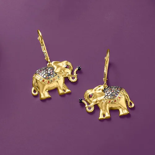 Vista 4 de Ross-Simons Aretes colgantes de elefante de rubí de 0.60 quilates en oro de 18 quilates sobre ley, Gema, multi