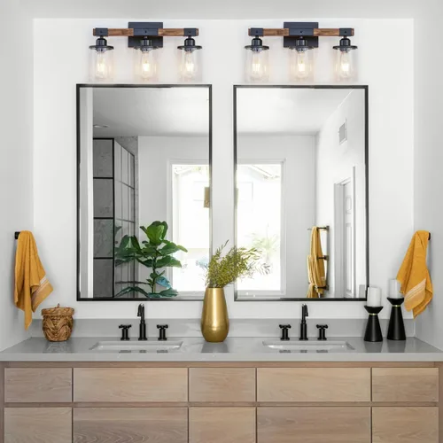 Vista 2 de Luminarias de Baño de 3 Luces, Luz de Tocador de Baño Estilo Granja Madera Rústica Industrial Vintage Negra Pequeña Lámpara de Pared Aplique sobre
