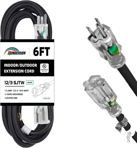 Vista 30 de Cable de Extensión HONDERSON con Extremo Iluminado, Certificado UL, Calibre 10, 1 Pie, Negro, 3 Puntas, Resistente, 10/3 SJTW, 15A, Cable de Energía