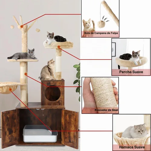 Vista 5 de Timberer Árbol para gatos con torre y caja de arena, refugio para gatos de madera 2-en-1 con poste de rascar de sisal, hamaca, marrón