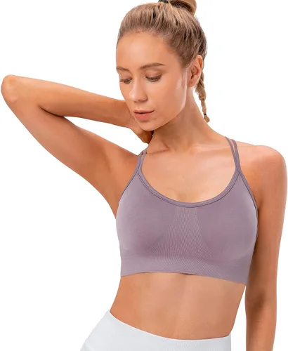 Vista 3 de VEQKING Brasier deportivo con espalda cruzada para mujer, con relleno y tirantes de soporte medio, brasier de yoga para entrenamiento, fitness