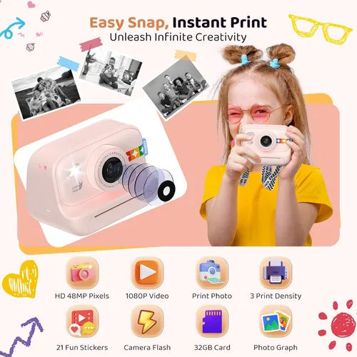 Vista 2 de Cámara de impresión instantánea para niños, regalos de cumpleaños para niñas y niños de 3 a 12 años, cámara de video 1080P para niños, ideas