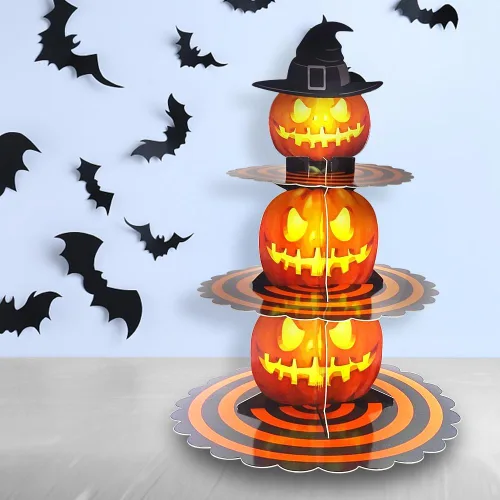 Vista 7 de Soporte para cupcakes de Halloween de 3 niveles para mesa de postre, torre de calabaza, bandeja de cartón naranja para 24 cupcakes, decoraciones