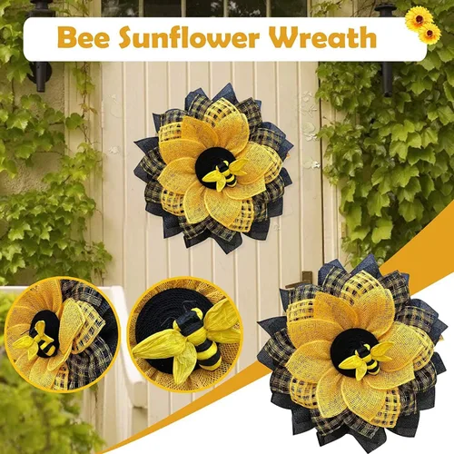 Vista 2 de Ujicde Corona de abeja de verano para puerta delantera, girasol artificial para colgar en la pared, coronas decorativas para puerta delantera