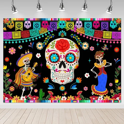 Vista 7 de Mocsicka Telón de fondo del Día de los Muertos, decoraciones de fiesta mexicana, calavera de azúcar, Día de Los Muertos, suministros para fiestas