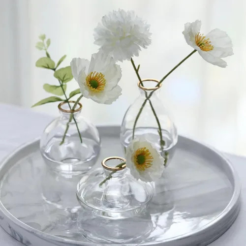 Vista 8 de Efavormart - Juego de 3 centros de mesa pequeños de cristal transparente con borde dorado metálico, jarrones florales modernos, varios tamaños