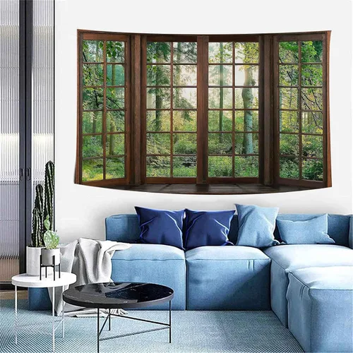 Vista 2 de Aidatain Tapiz Natural de Bosque Verde Escenario de Ventana Tapiz Estético de Pared para Dormitorio Franela 40" L x 30" A Manta de Playa Sala
