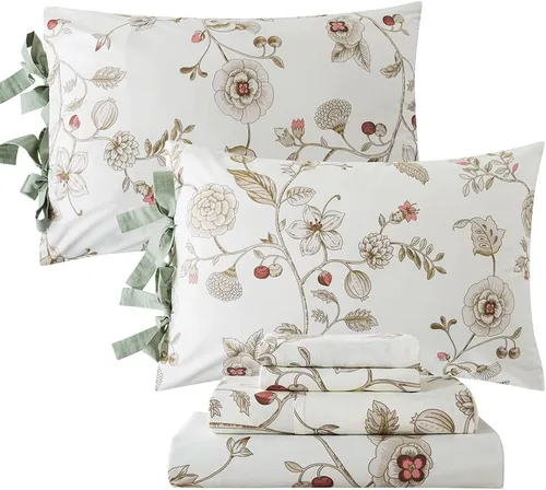 Vista 30 de FADFAY Juego de sábanas tamaño King, sábanas de algodón percal rosa floral con bolsillo profundo, ropa de cama vintage lujosa azul con estampado