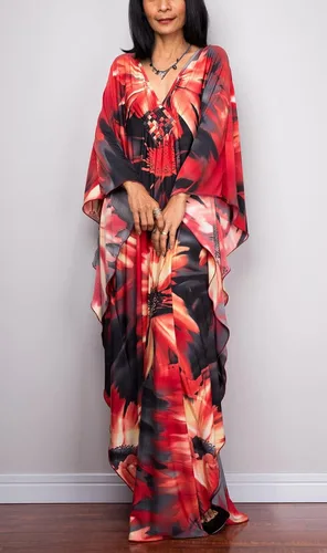 Vista 5 de Vestidos caftán para mujer con cuello ondulado, vestido de caftán, vestido de playa largo de gran