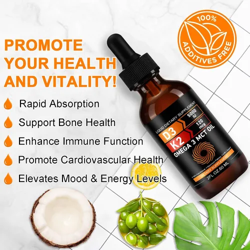 Vista 3 de Daiasns Vitamina D3 5000 UI y K2 (MK-7) 120 mcg 2.0 fl oz gotas con aceite MCT Omega 3, suplementos líquidos de vitamina D3 y K2 - Suministro de 2