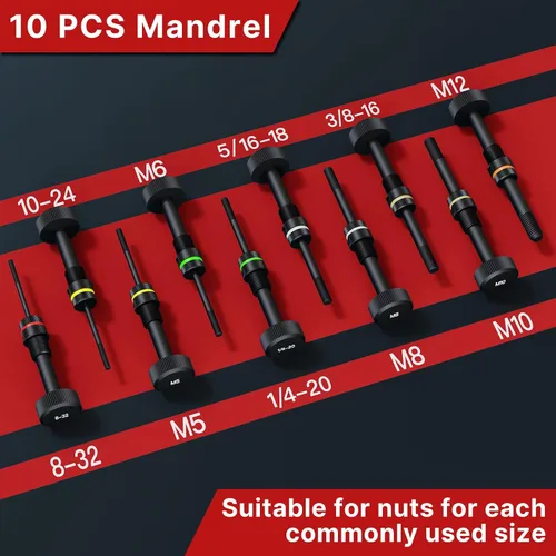 Vista 12 de TOLRET Kit de Herramienta para Tuerca Remachable Kit de Tuerca Remachable, Kit de Herramienta Rivnut con 10 Mandriles Métricos y SAE, Kit Surtido