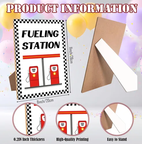 Vista 2 de Decoraciones de fiesta de cumpleaños de coche de carreras, letrero de estación de combustible, decoraciones de cumpleaños rápidos uno y dos, placa