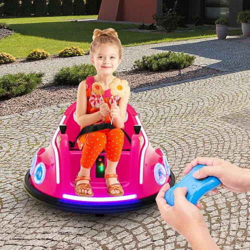 Vista 9 de HONEY JOY Coche de parachoques para niños pequeños de 12V, coche de batería para bebés con control remoto, dos joysticks, luz LED intermitente y Rosa