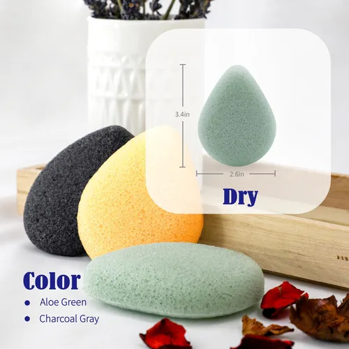 Vista 3 de myHomeBody Esponjas faciales naturales Konjac – forma de lágrima – para una limpieza y exfoliación facial suave – con carbón activado y aloe vera
