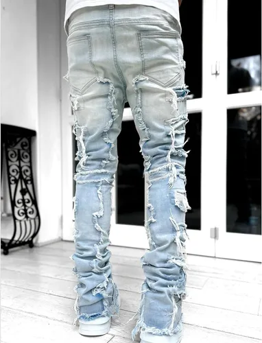 Vista 3 de GDJGTA Jeans apilados para hombre, ajustados, rasgados, elásticos, desgastados, rectos, pantalones de mezclilla estilo hip hop, ropa de calle