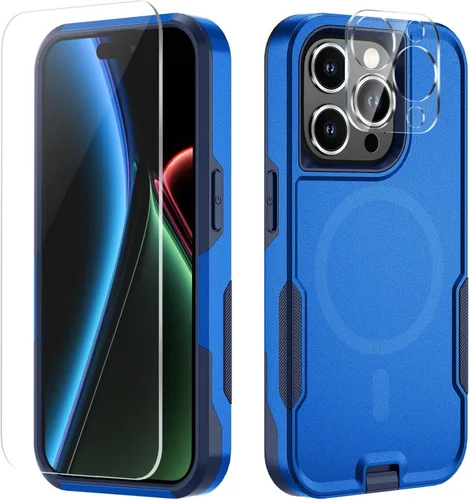 Vista 9 de Xmon Funda magnética para iPhone 15 Pro [probada contra caídas de grado militar y con MagSafe] Protector de pantalla de vidrio templado con lente