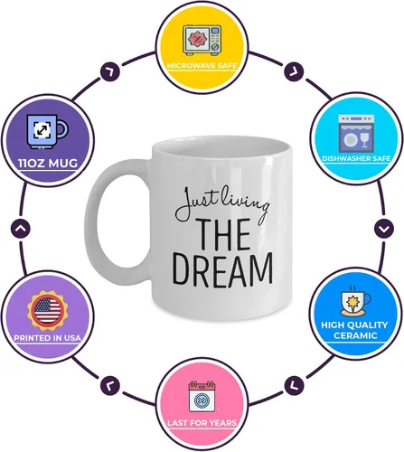 Vista 2 de D STICKY COMPANY Just Living The Dream - Taza de café de cerámica de 11 onzas, ligera, resistente con diseño inspirador para el hogar, la oficina