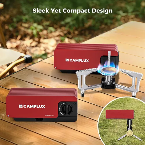 Vista 2 de Estufa de camping plegable CAMPLUX FoldGo, 7500 BTU, estufa portátil de gas butano, estufa plegable con cassette con bolsa de transporte y quemador
