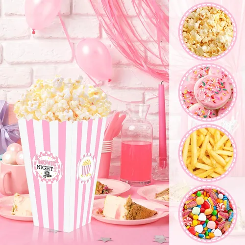 Vista 4 de K KUMEED 20 cajas grandes de regalo de palomitas de maíz para noche de película, 7.8 pulgadas de alto, cuencos de palomitas de maíz a rayas rosas