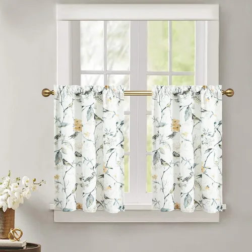 Vista 38 de Leeva - Cortinas pequeñas con estampado de pájaros, 24 pulgadas de largo, conjunto de paneles para ventanas, diseño de estampado de pájaros