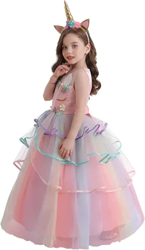 Vista 6 de Vestido de princesa de unicornio para niña vestido largo de tul arco iris ropa de cumpleaños para niños Arco iris