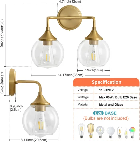 Vista 4 de Lámpara de Tocador de Baño Dorada con Pantalla de Vidrio Transparente, Base E26, Luminarias de Baño de 2 Luces Sobre Espejo, Luces de Tocador de 14