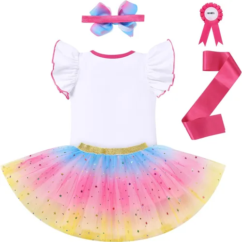 Vista 2 de IDOPIP Conjunto de 5 piezas de ropa para bebé con diseño de arco iris para 1er 2 3 cumpleaños para niña