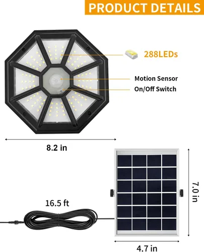 Vista 5 de AEQ Luz Solar para Cobertizo Interior Exterior 288LED Iluminación 360° Luces Solares que Funcionan de Día con Control Remoto, Luces Solares