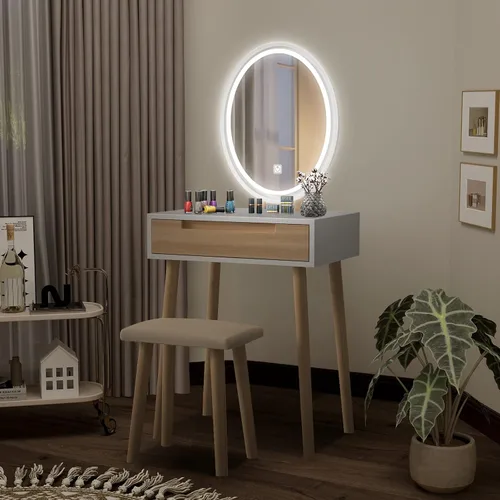 Vista 6 de Juego de mesa de maquillaje YOURLITE con espejo iluminado ajustable de 3 modos, taburete acolchado, mueble tocador para espacios pequeños Juego