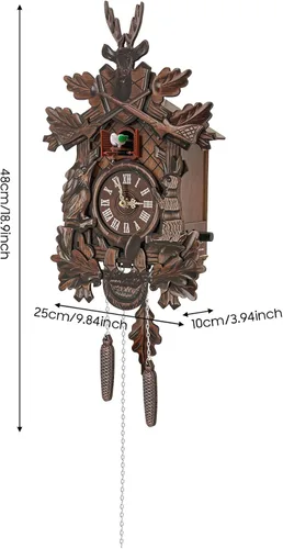 Vista 3 de Reloj de cuco de madera de estilo alemán con péndulo, funciona con pilas, reloj de pared con decoración de bosque, silenciador nocturno y volumen