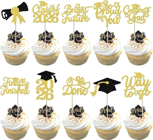Vista 59 de 30 piezas de decoración para cupcakes de graduación para la clase de 2026 con purpurina brillante para el futuro diploma hecho 2026 Felicidades