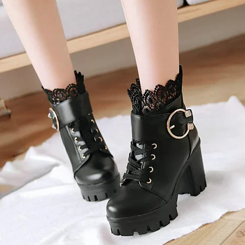 Vista 7 de Parisuit Botas de tobillo de plataforma gruesa para mujer con cordones y tacón alto